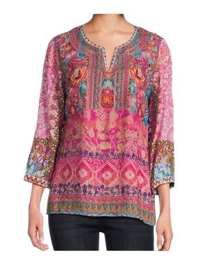 John Mark Embroidered Floral Split V-neck Tunic Size Medium Pink Jewel Print